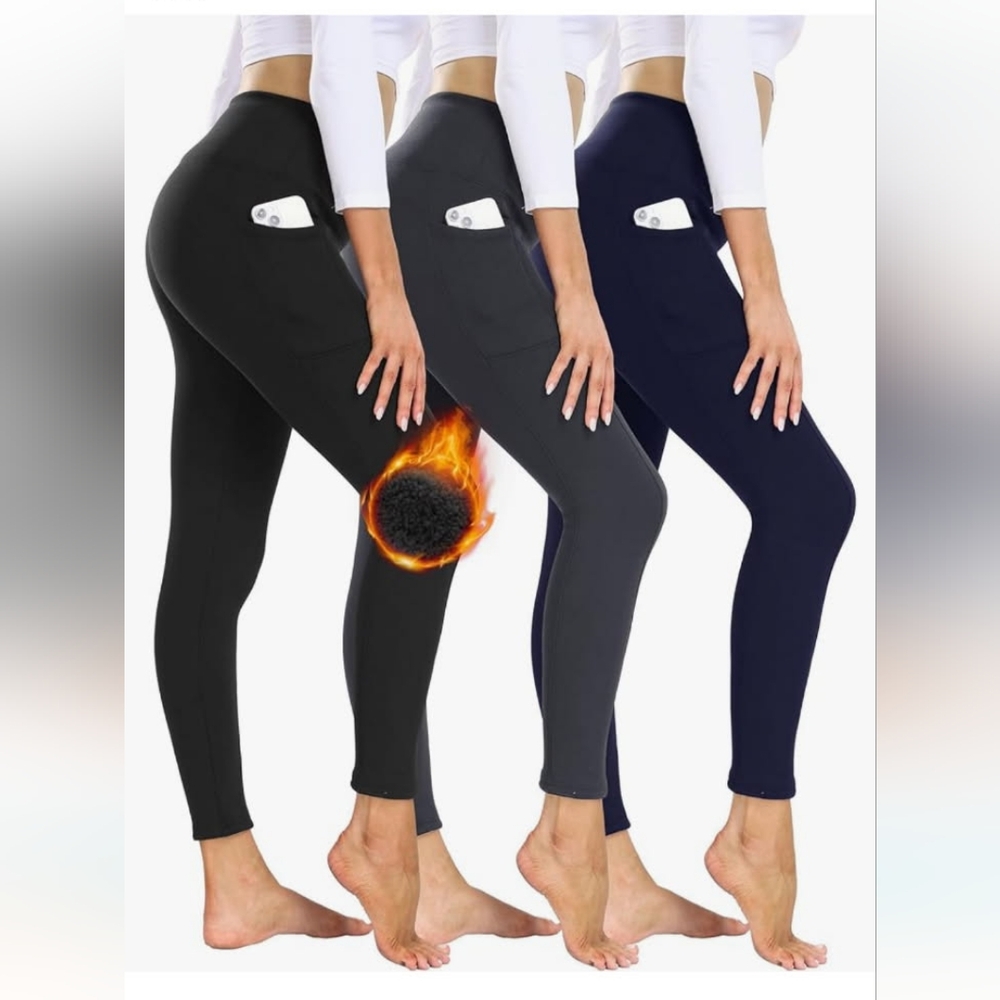 Showitty Women’s 3 Pack Leggings W/Pockets Black Blue Grey Medium